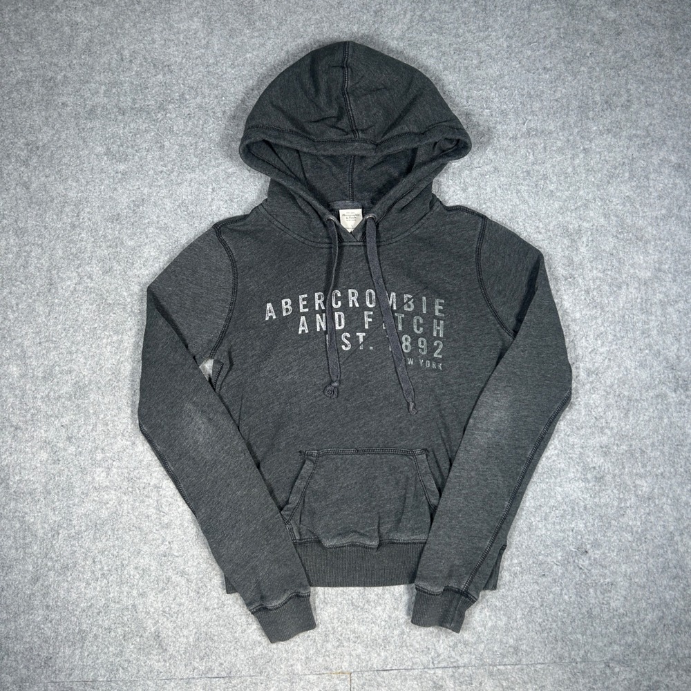 Abercrombie & Fitch Hoodie Womens S Charcoal Grey Logo Pullover Sweatshirt Y2K